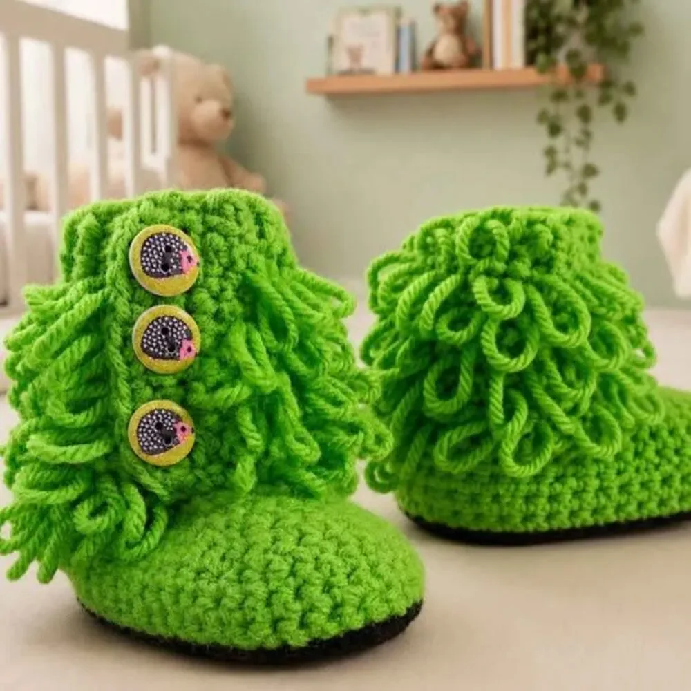 Handmade Crochet Baby Booties – Bright Green Hedgehog Buttons Soft Felt Soles